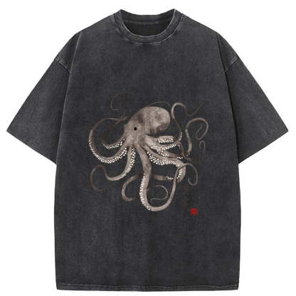 Magmoo Octopus Japanese Calligraphy Washed T-Shirt