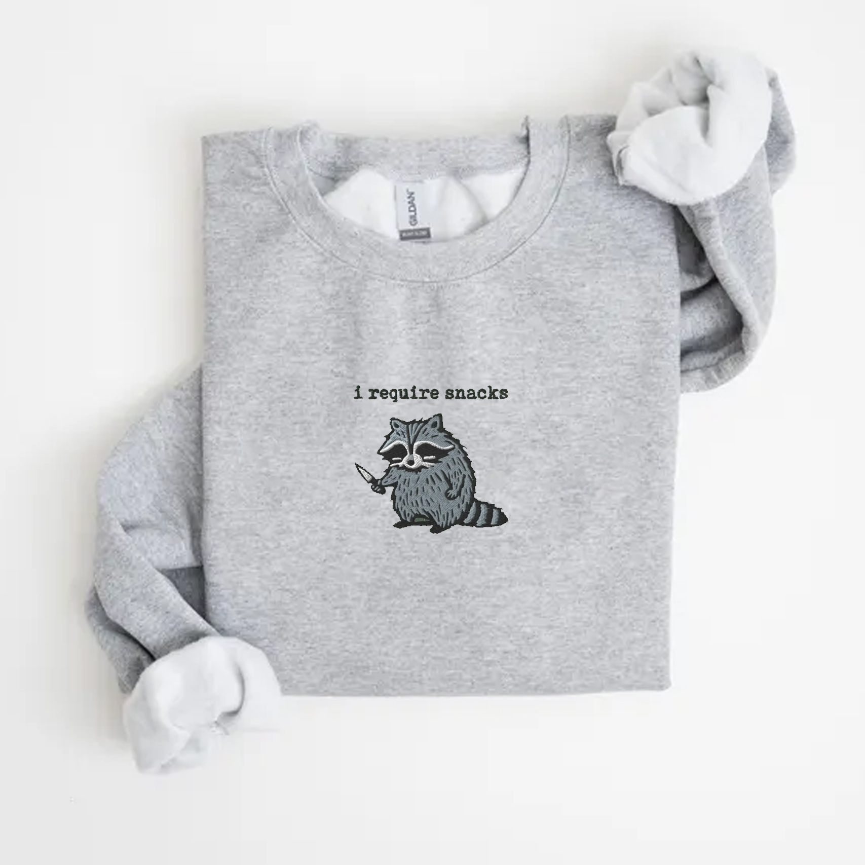 I Require Snacks Embroidered Raccoon Sweatshirt