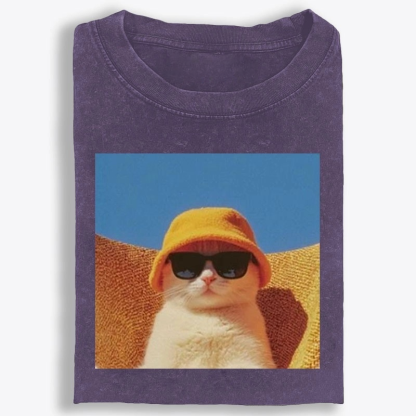 Cool Cat In Yellow Bucket Hat Streetwear Retro Washed T-Shirt