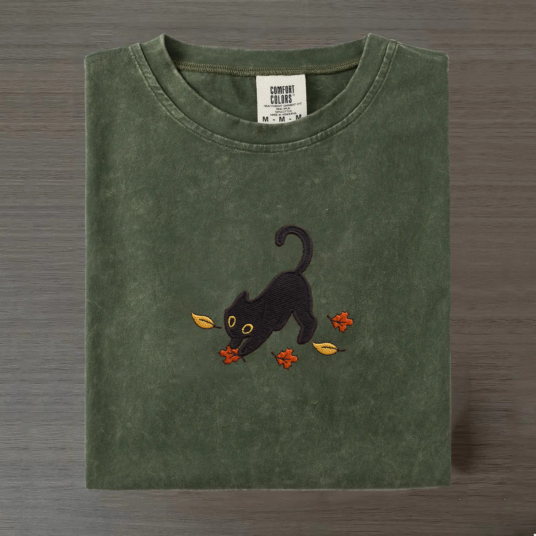 Cat Pouncing Leaves Embroidered T-shirt