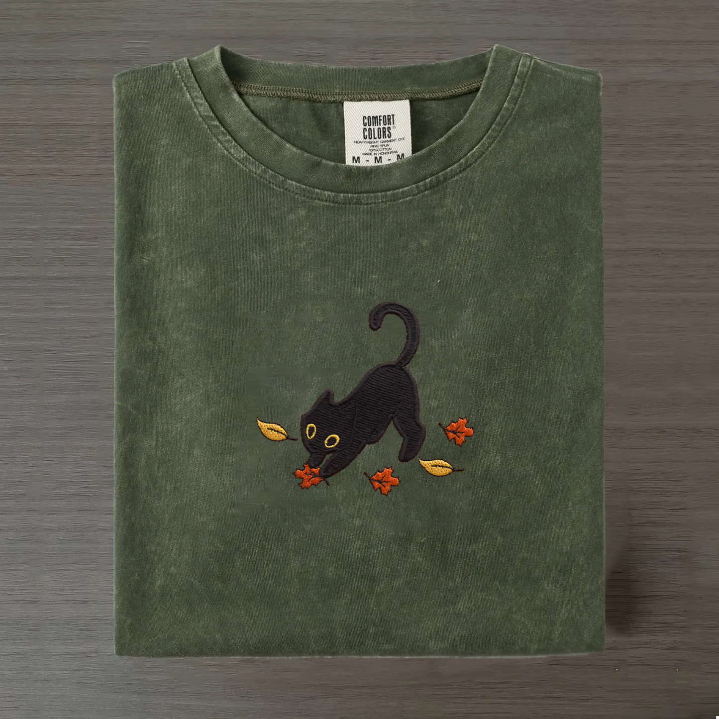 Cat Pouncing Leaves Embroidered T-shirt-Magmoo