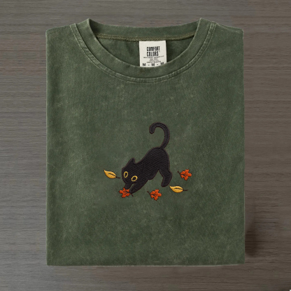 Cat Pouncing Leaves Embroidered T-shirt-Magmoo