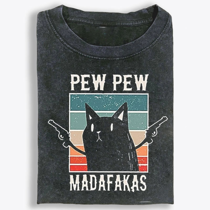 Pew Pew Madafakas Black Cat Retro Washed T-Shirt