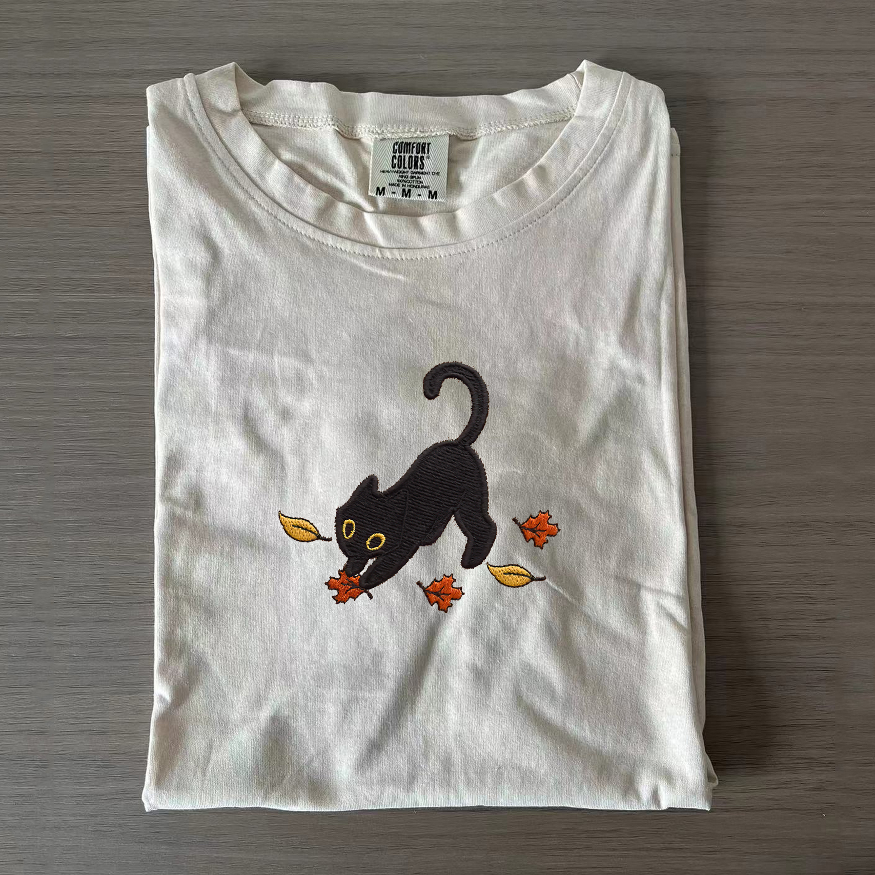 Cat Pouncing Leaves Embroidered T-shirt-Magmoo