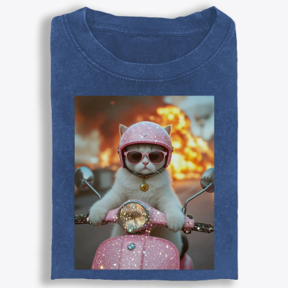 Pink Scooter Cat & Explosion Meme Retro Washed T-Shirt