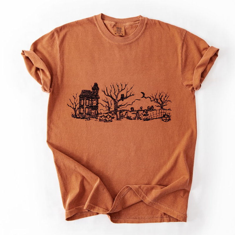 Embroidered Haunted House Comfort Colors T-shirt-Magmoo