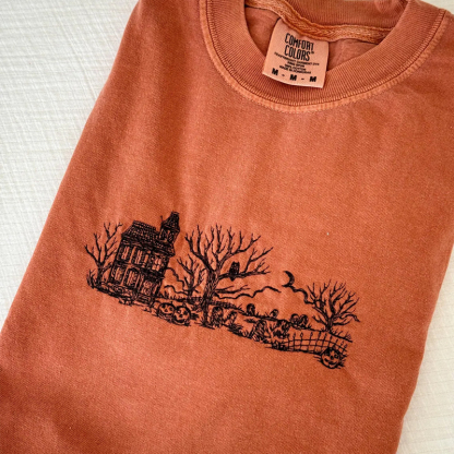 Embroidered Haunted House Comfort Colors T-shirt-Magmoo