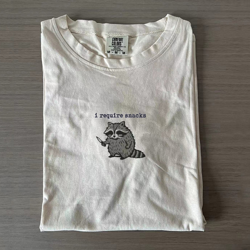 I Require Snacks Embroidered Raccoon T-shirt-Magmoo