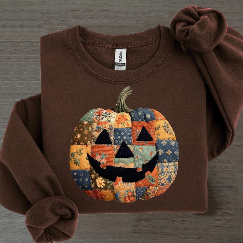 Retro Patchwork Halloween Pumpkin Sweatshirt-Magmoo