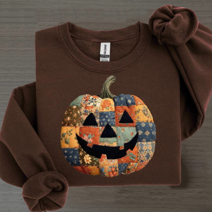 Retro Patchwork Halloween Pumpkin Sweatshirt-Magmoo