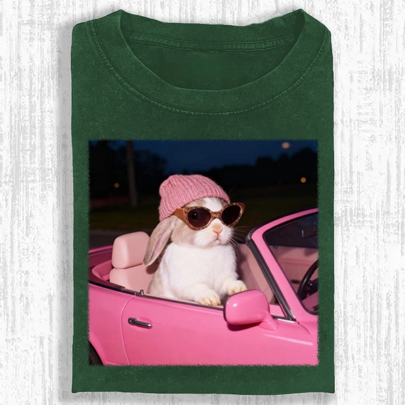Fashion Bunny Cruising In Pink Car Retro Washed T-Shirt