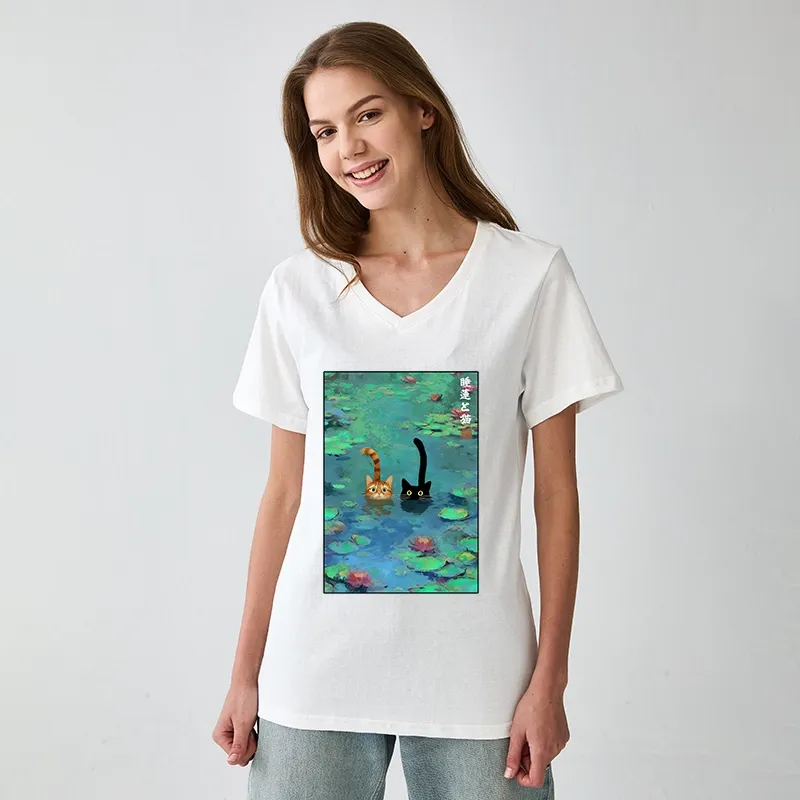 Magmoo Funny Cats Swimming In Lilies V-Neck Classic T-Shirt-Magmoo