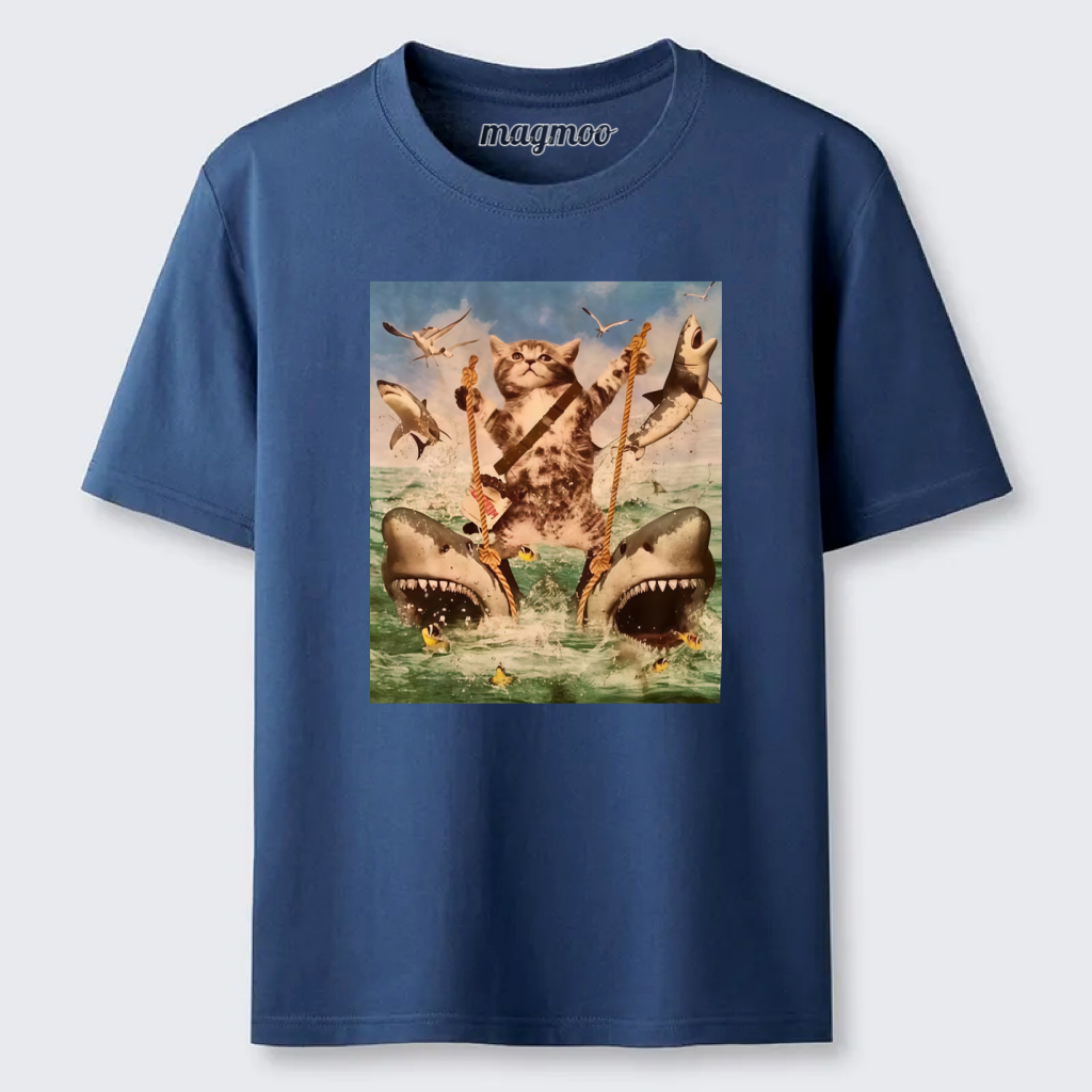 Magmoo Cat Riding Sharks T-shirt