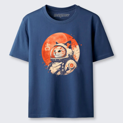 Magmoo Japanese Minimalist 1950s Retro Space Cat Good Luck Kanji T-shirt