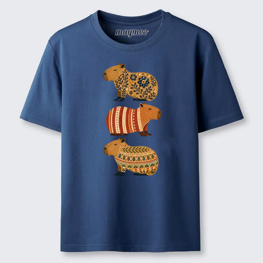 Magmoo Folk Floral Striped Capybara Trio Print Classic T-shirt