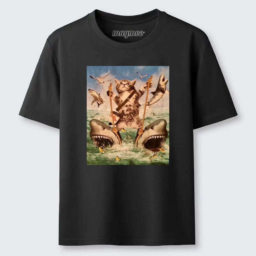 Magmoo Cat Riding Sharks T-shirt
