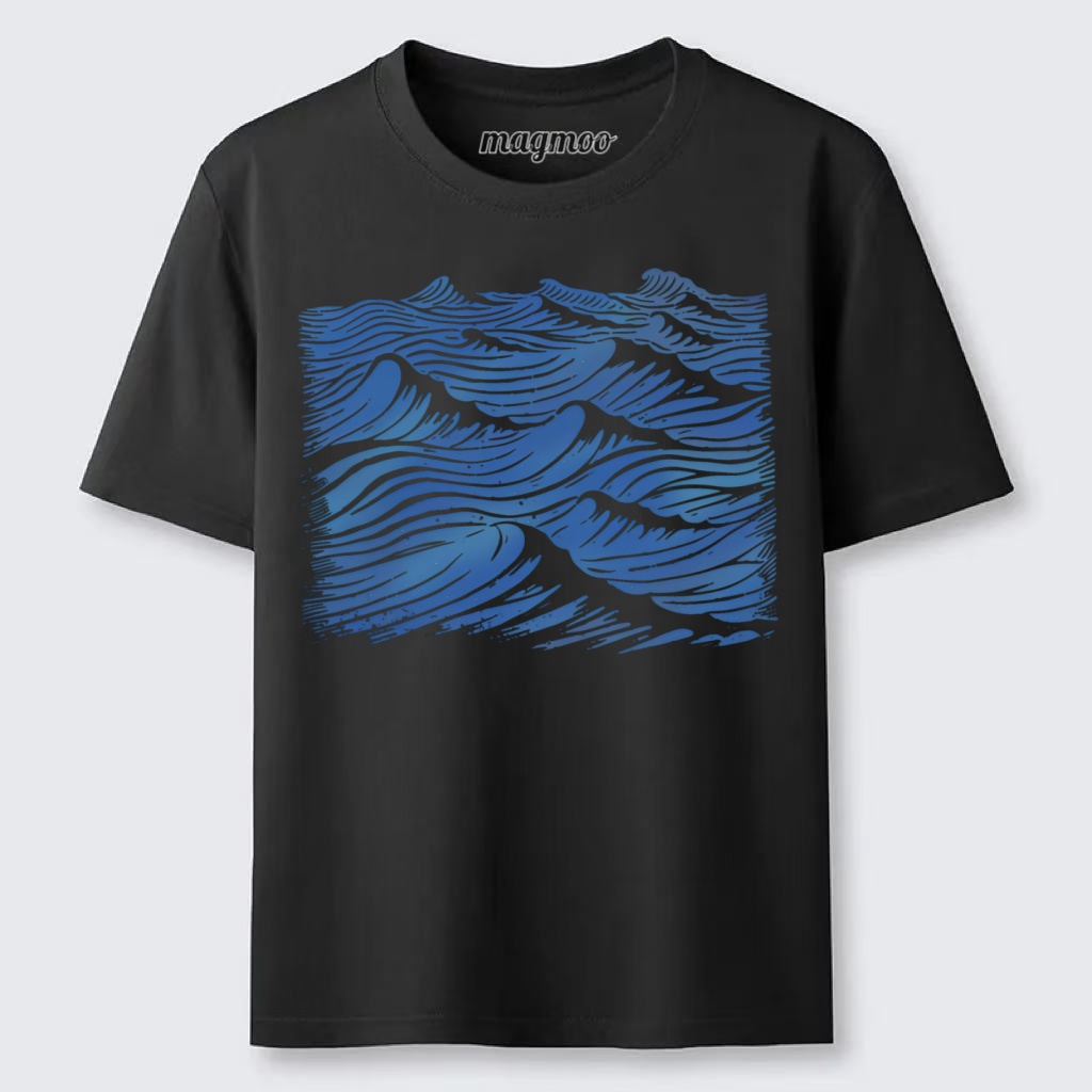 Magmoo Blue Woodcut Waves T-shirt