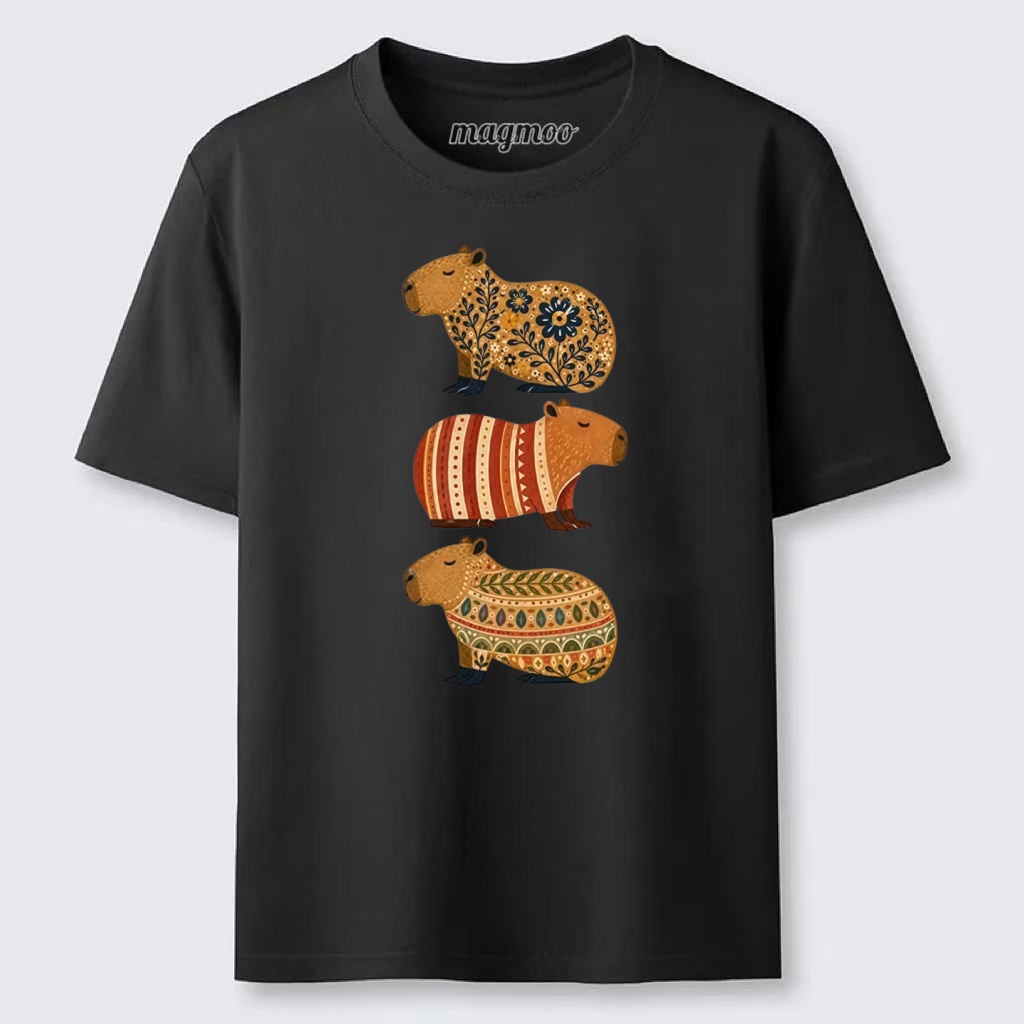 Magmoo Folk Floral Striped Capybara Trio Print Classic T-shirt