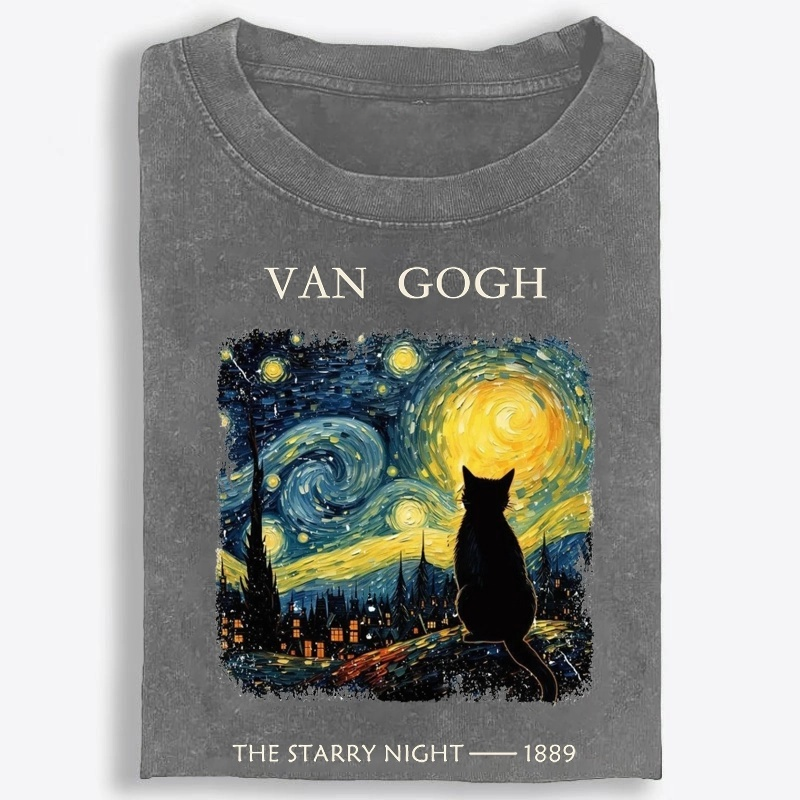 Van Gogh Starry Night Cat Retro Washed T-Shirt
