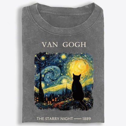 Van Gogh Starry Night Cat Retro Washed T-Shirt