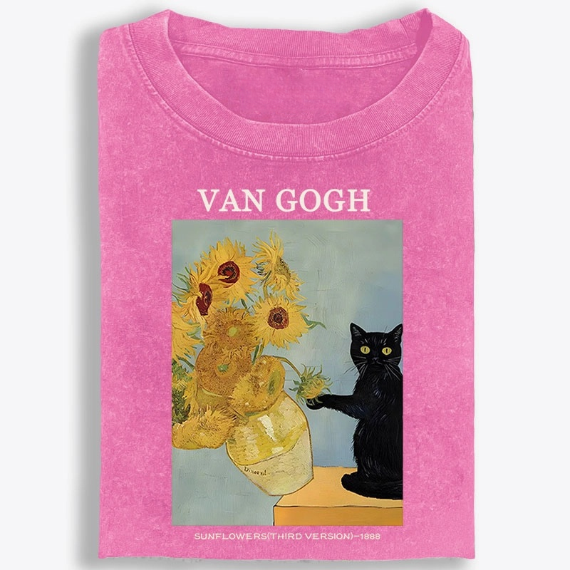Playful Cat Meets Van Gogh Sunflowers Retro Washed T-Shirt