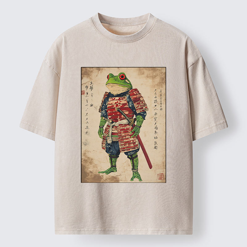Magmoo Retro Frog Samurai Portrait Washed T-Shirt