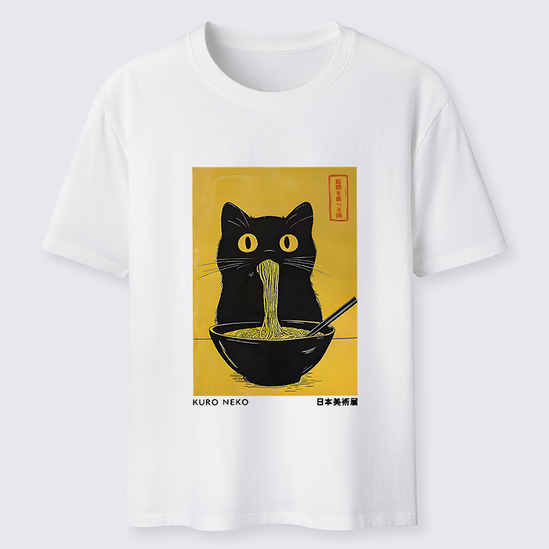 Magmoo Black Cat Eats Ramen In Big Bites Classic T-Shirt-Magmoo