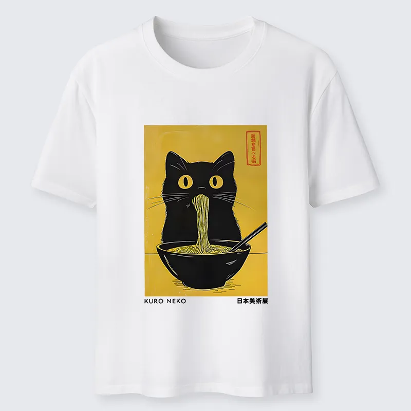 Magmoo Black Cat Eats Ramen In Big Bites Classic T-Shirt-Magmoo