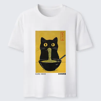 Magmoo Black Cat Eats Ramen In Big Bites Classic T-Shirt-Magmoo