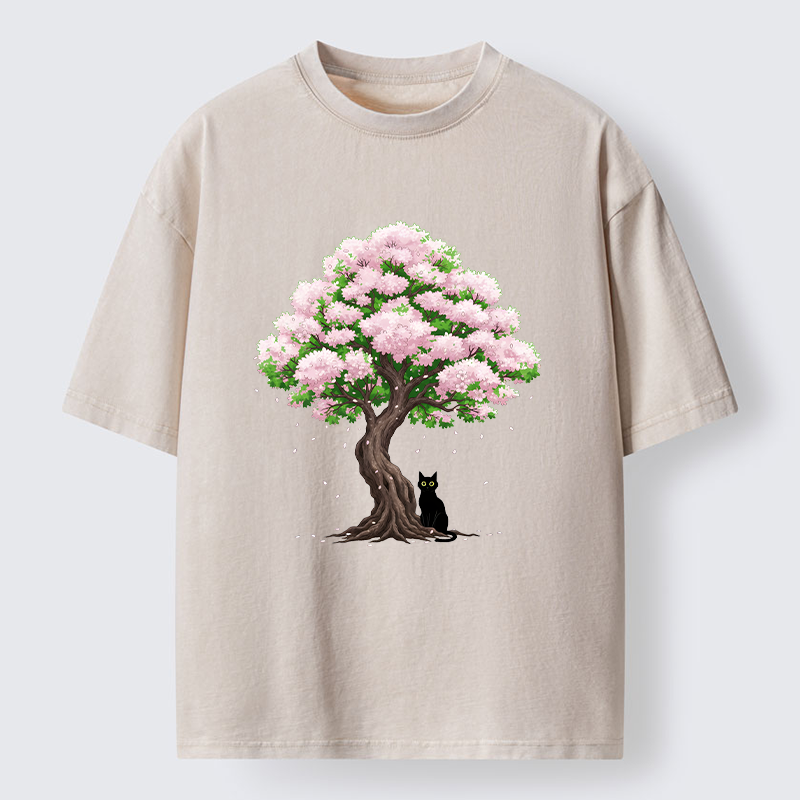 Magmoo Sakura And Cat Washed T-Shirt-Magmoo