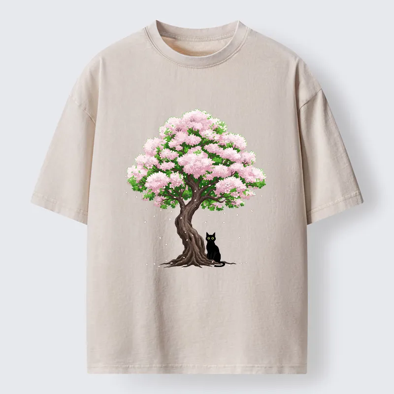 Magmoo Sakura And Cat Washed T-Shirt-Magmoo