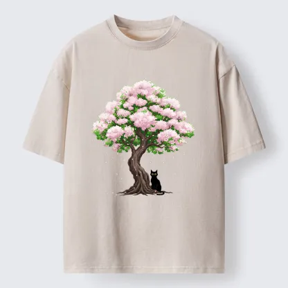 Magmoo Sakura And Cat Washed T-Shirt-Magmoo