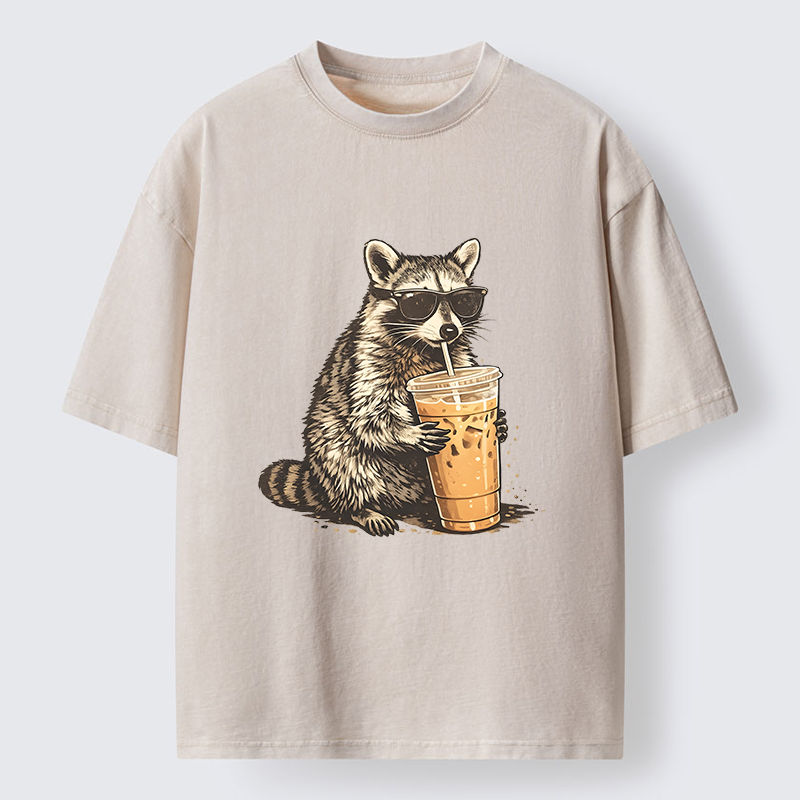 Magmoo Raccoon Drinking Coffee Funny Washed T-Shirt