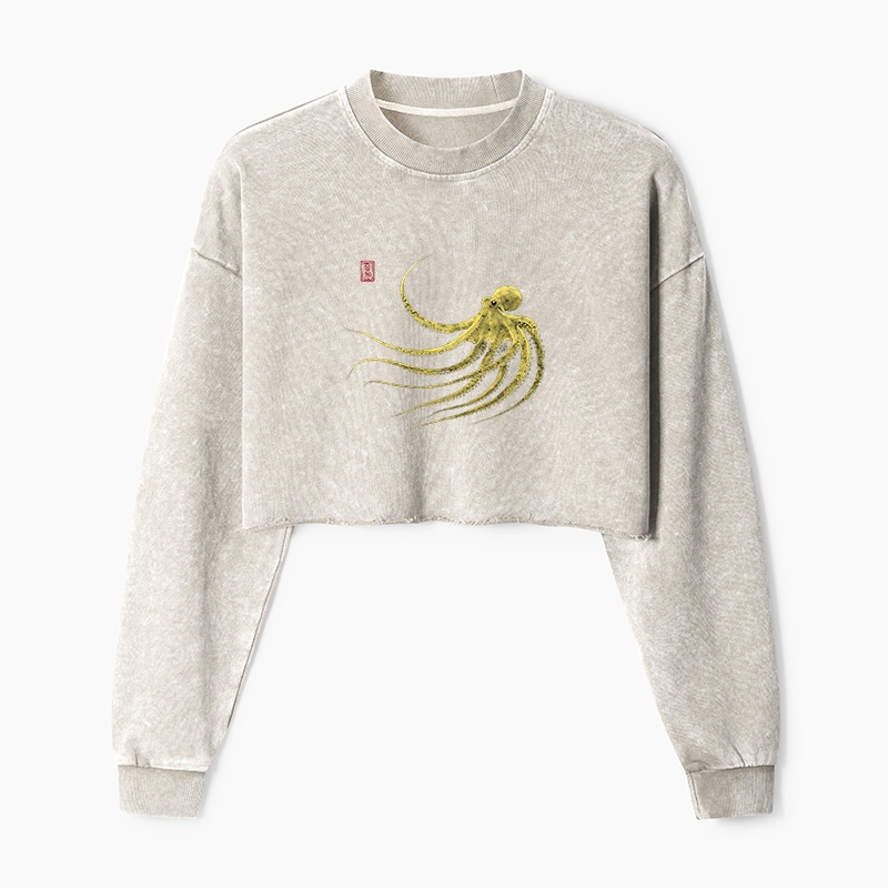 Magmoo Retro Octopus Japanese Washed Crop Sweatshirt