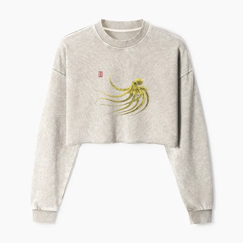 Magmoo Retro Octopus Japanese Washed Crop Sweatshirt