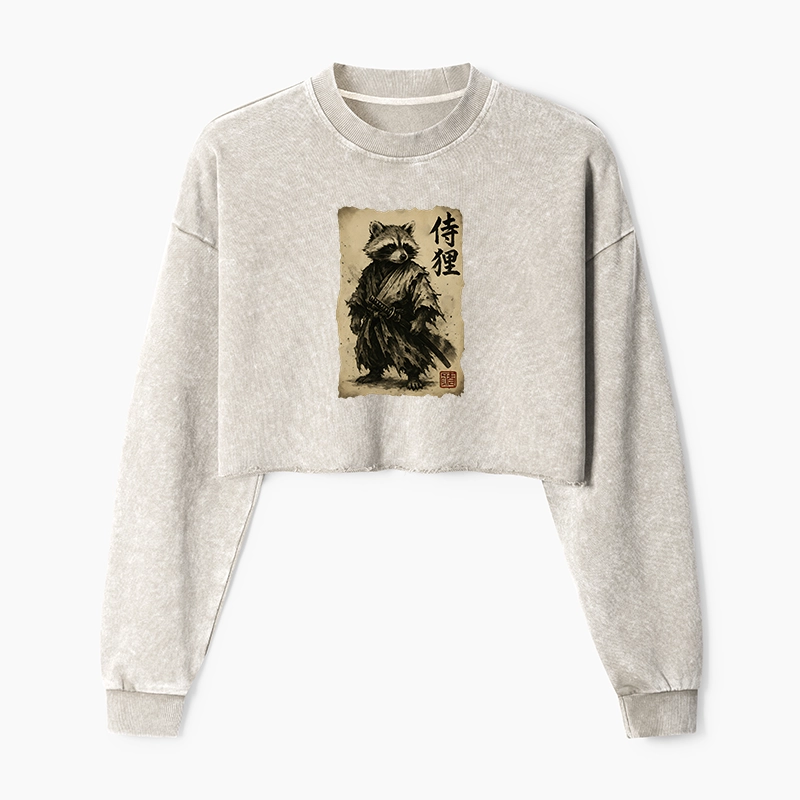 Magmoo Retro Raccoon Samurai  Washed Crop Sweatshirt