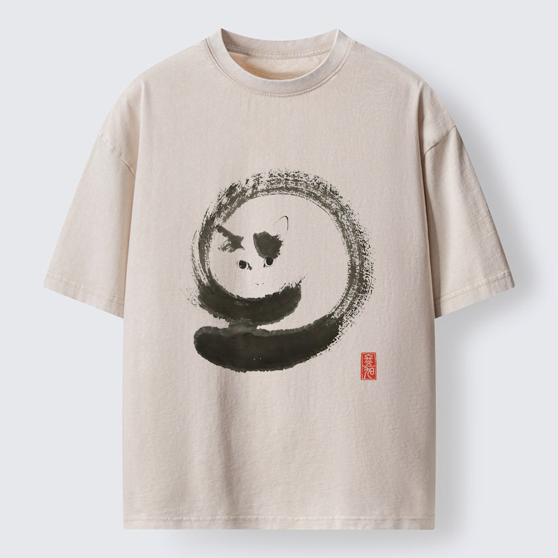 Magmoo Ink Painting Of A Fat Cat Washed T-Shirt-Magmoo