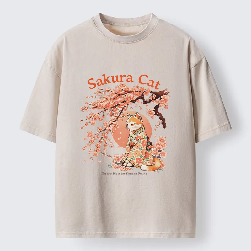 Magmoo Cat Under The Sakura Washed T-Shirt-Magmoo