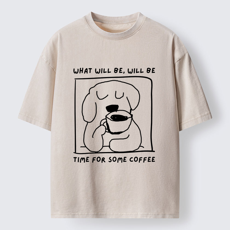 Magmoo Puppy Drinks Coffee Washed T-Shirt-Magmoo