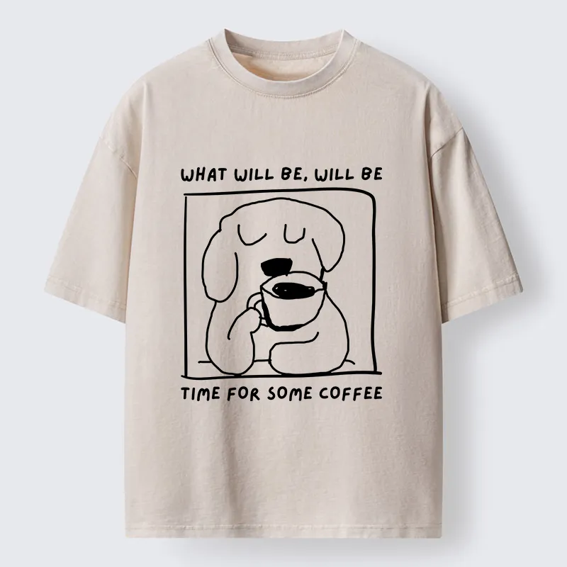 Magmoo Puppy Drinks Coffee Washed T-Shirt-Magmoo