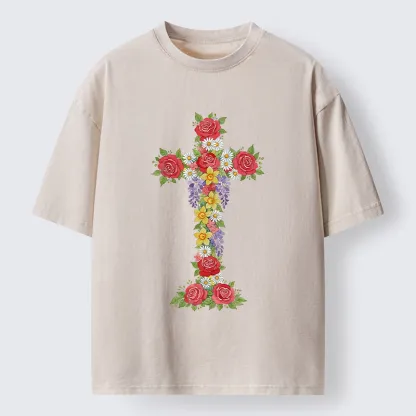Magmoo Flower Cross Washed T-Shirt-Magmoo