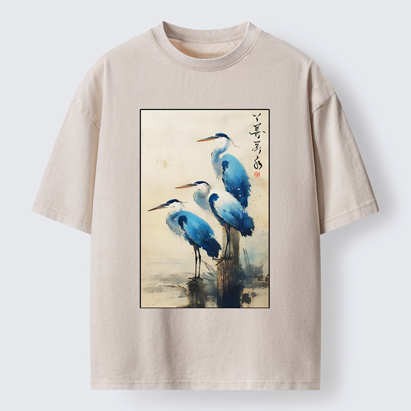 Magmoo Great Blue Heron Japan Washed T-Shirt-Magmoo