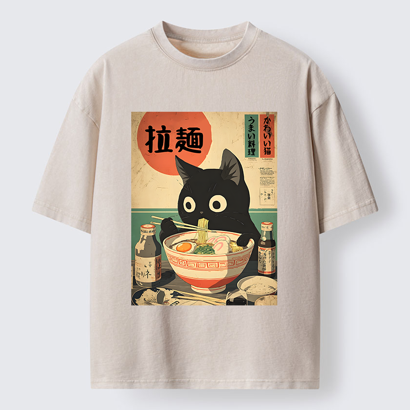 Magmoo Cat Is Eating Ramen At The Restaurant Washed T-Shirt-Magmoo