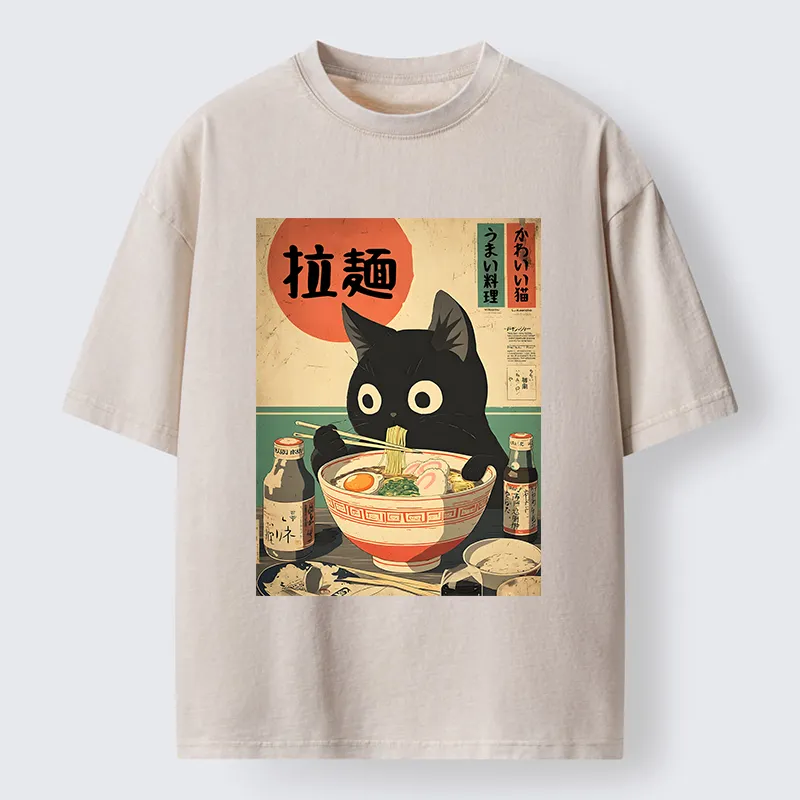 Magmoo Cat Is Eating Ramen At The Restaurant Washed T-Shirt-Magmoo