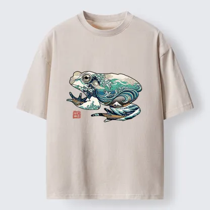 Magmoo Frogs And Ukiyo-e Waves Washed T-Shirt-Magmoo