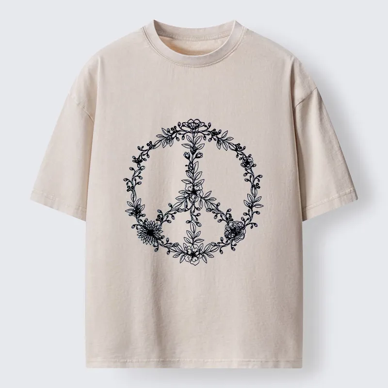 Magmoo Circle of Flower Peace Sign Washed T-Shirt-Magmoo