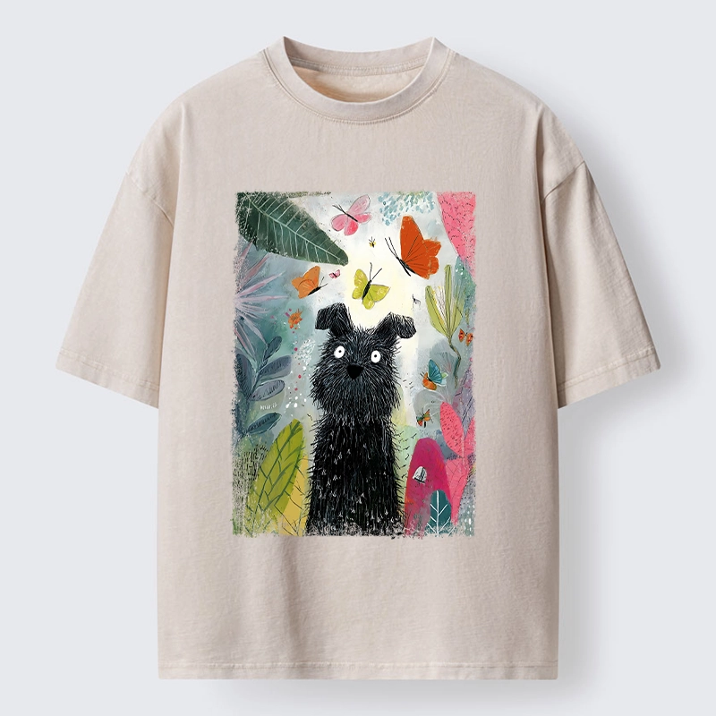 Magmoo Black Dog Among Colorful Butterflies Washed T-Shirt-Magmoo