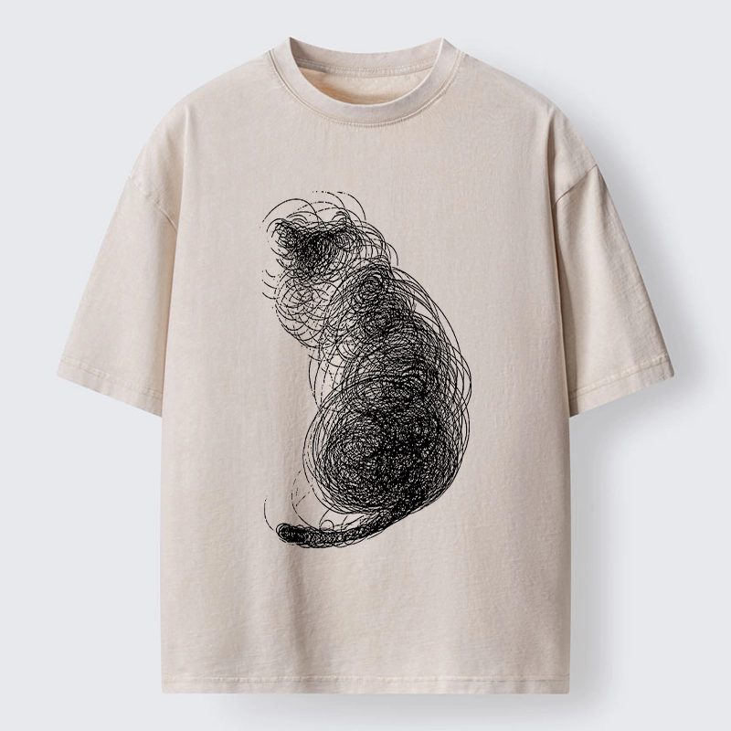 Magmoo Chaotic Line Art Of A Curled Cat Washed T-Shirt-Magmoo