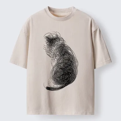 Magmoo Chaotic Line Art Of A Curled Cat Washed T-Shirt-Magmoo