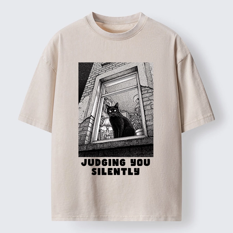 Magmoo The Judging Black Cat Washed T-Shirt-Magmoo